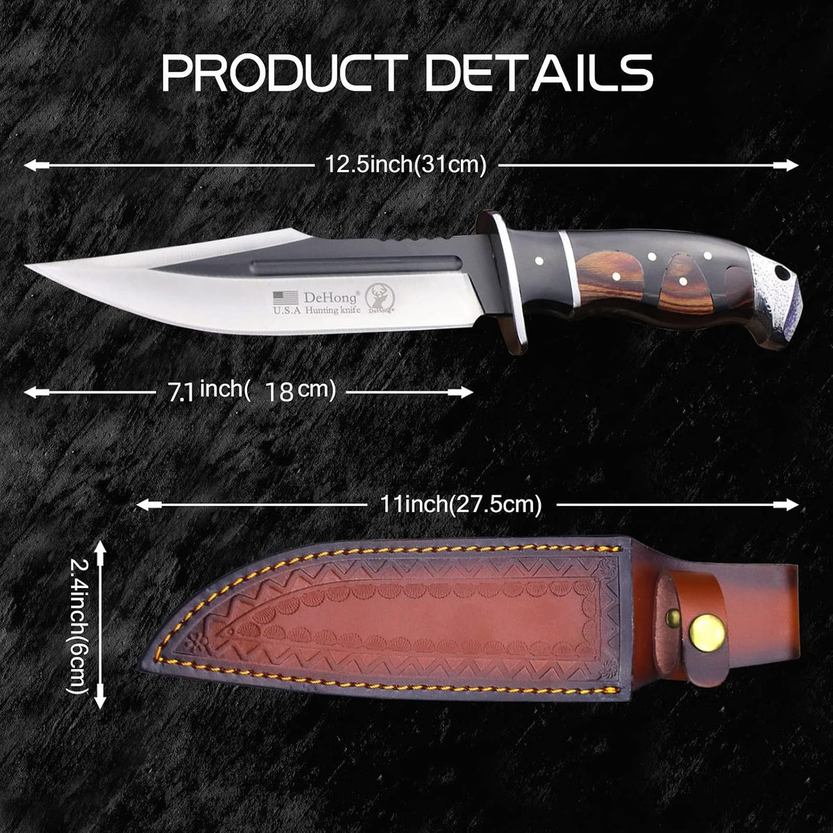 (DeHong-88 Hunting Knife, 7.1" (about 18 cm) Fixed Blade Tactical knife ，Configure leather
