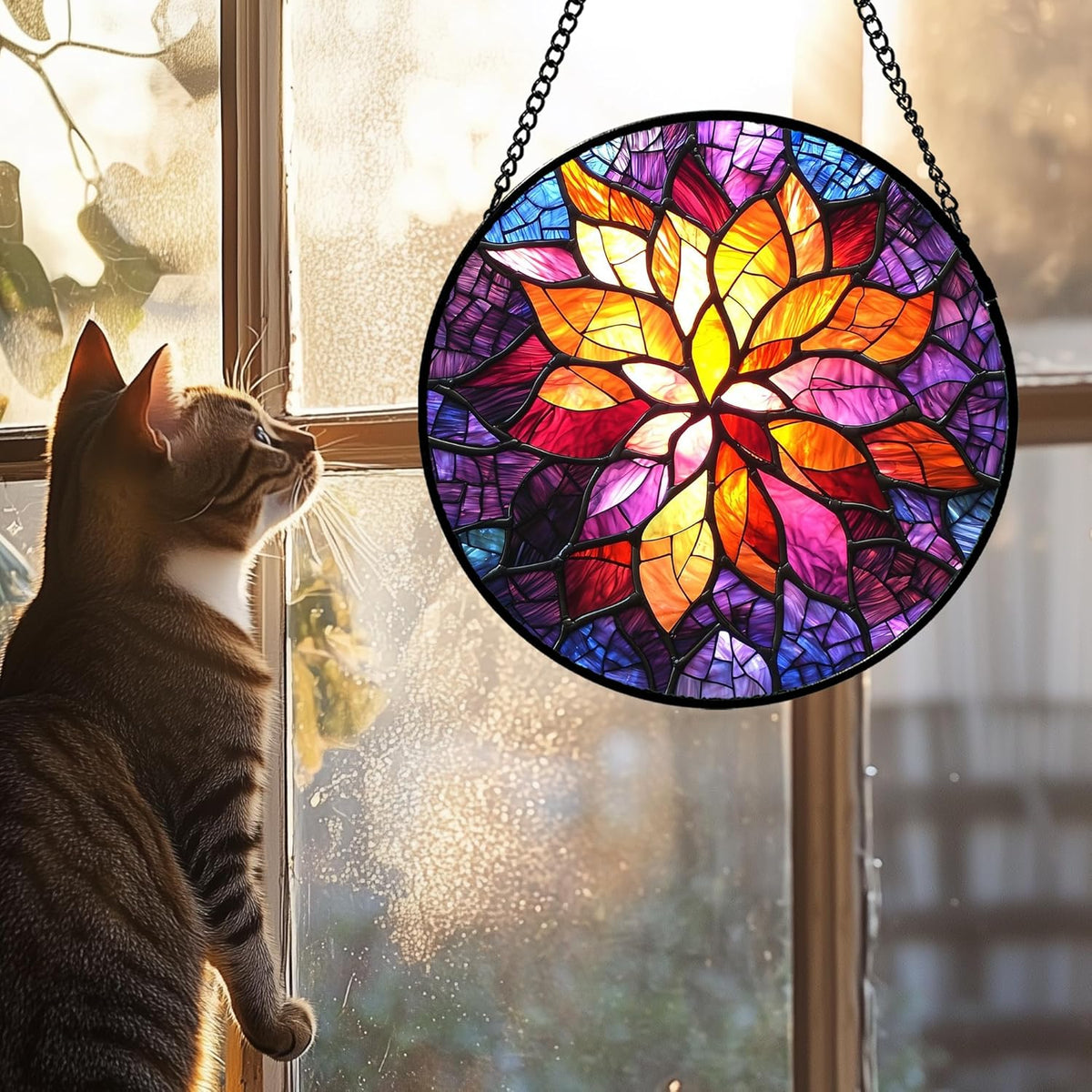 Stained Glass Window Hanging, Fuchsia Abstract Flowers Suncatcher for Window Home Decor Orange Sun