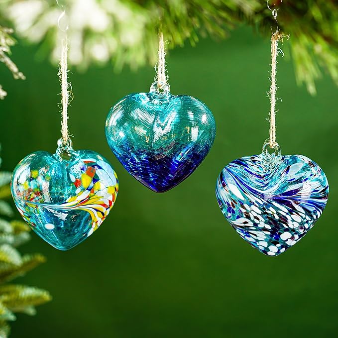 Set of 3 Handmade Glass Heart Ornaments 3.9 Inch Blue Friendship Heart Decor for Garden Home