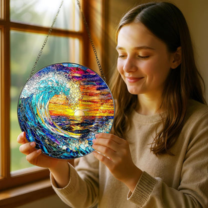 Stained Glass Window Hanging, Pauyadu 8 Inch Sea Waves Stained Glass Suncatcher, Sunset on The