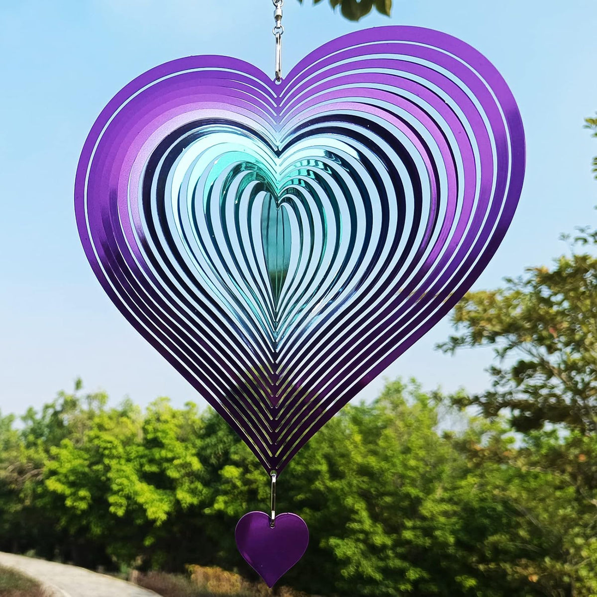 DJUAN Wind Spinner Purple-Green Gradient Love Heart 3D Metal Hanging Wind Spinners Worth Gift