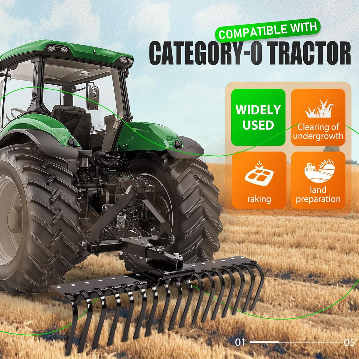 KUAFU 50" 3 Point Landscape Rake for Category-0 Cat-0 Tractor with 360 Degree Rotation, Replaceable