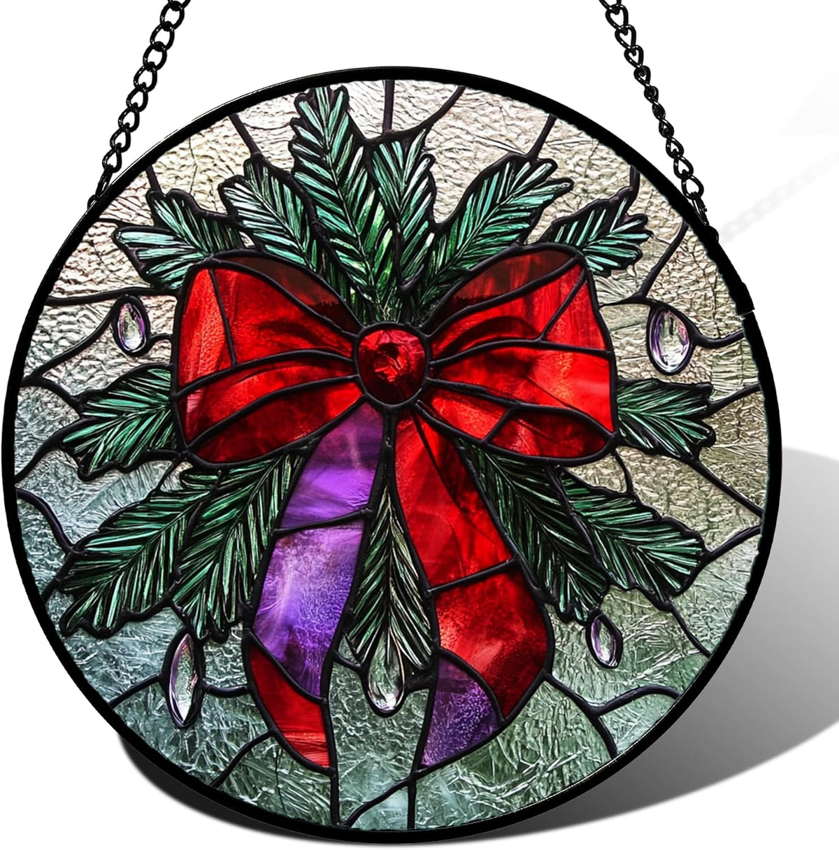 Stained Glass Window Hanging - Purple Gem Christmas Wreath Suncatcher for Doors Home Christmas