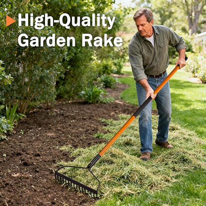 Garden Rake - 14 Tine Heavy Duty Rake with 58 Inch Fiberglass Handle