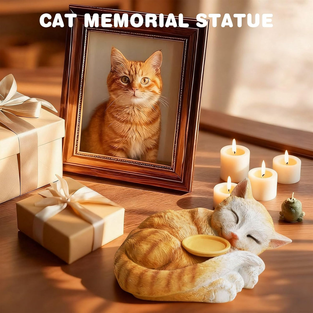 Sleeping Cat Candle Holder Statue Realistic Resin Cat Figurine with Candle Tray Outdoor Garden