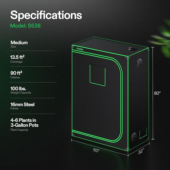 VIVOSUN S538 5x2 Grow Tent, 60"x32"x80" High Reflective Mylar with Observation Window and Floor