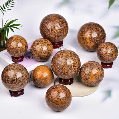 JIC Gem Natural Crystal Sphere Ball with Wooden Stand for Fengshui Golden Jade Healing Crystal Ball