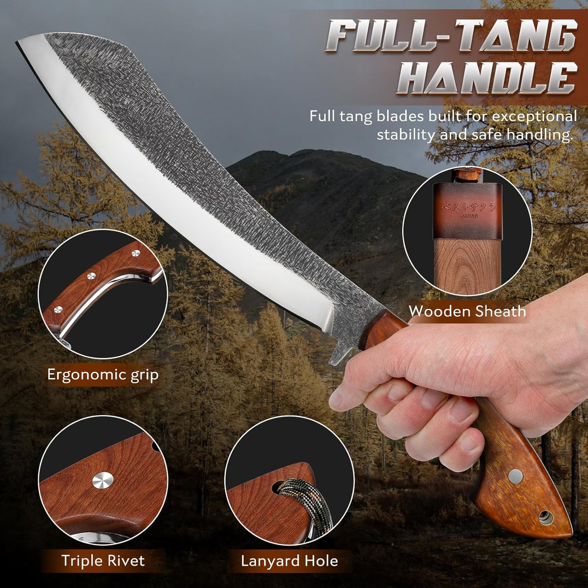 Golden Bird Parang Machete Knife - 9.5 Inch Heavy Duty Machete for Cutting Trees, Gardening