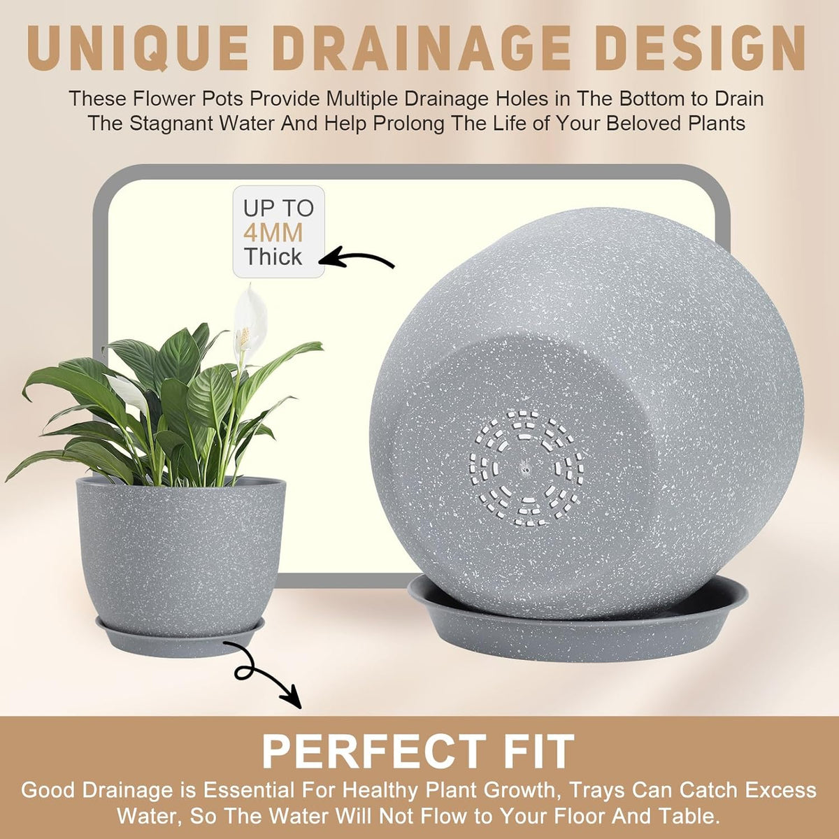 Plant Pots 10/9/8/7.5/7 inch Flower Pots with Multi Mesh Drainage Holes, Planters for Indoor