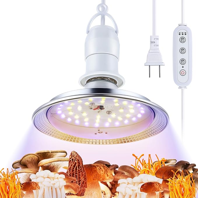 Meonum Mushroom Grow Light with 3/6/9 Hour Timer, 360° LED Hanging Grow Lights Bulb for Mushroom