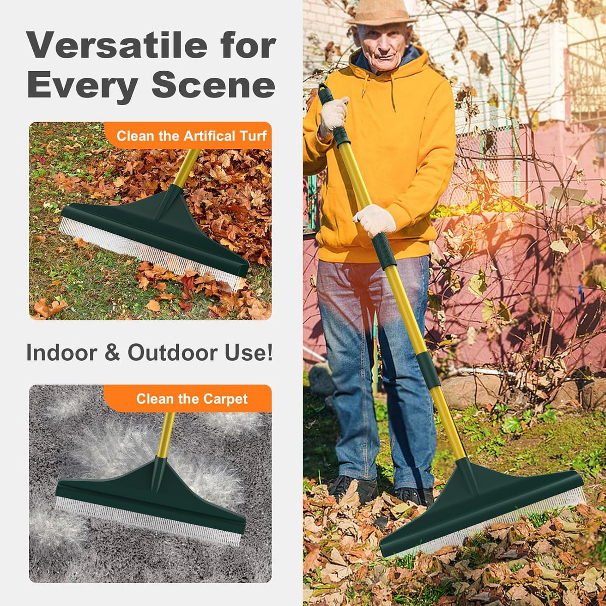 Artificial Turf Rake with Steel Telescopic Handle, 32 to 55 Inch 3 Piece-Pole Easy Storage Design