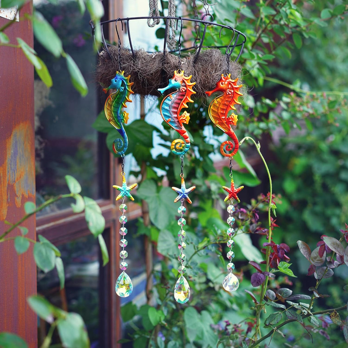 3PCS Metal Seahorse & Starfish Hanging Sun Catchers with Crystals, Colorful Crystal Prisms Stained