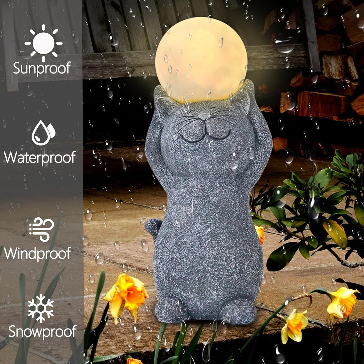 Solar Garden Decor Cat Moon Outdoor Statue and Figurine Lights, Outdoor Patio Sculpture Decor LED