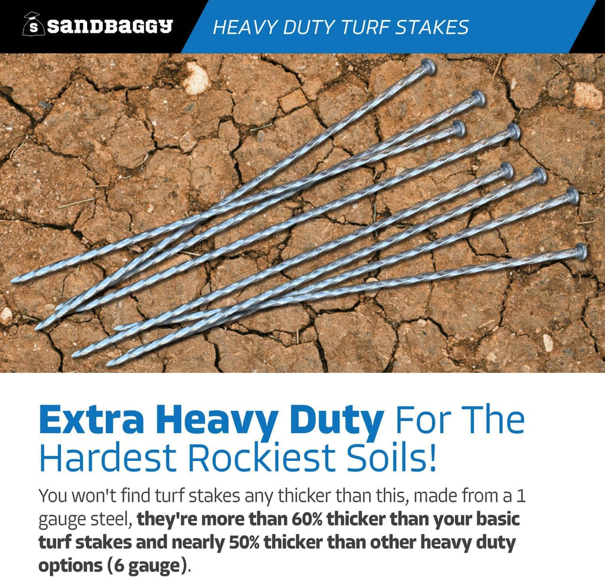 Sandbaggy 18" Heavy Duty Galvanized Artificial Turf Stakes - Spiral Landscape Nails - Ground