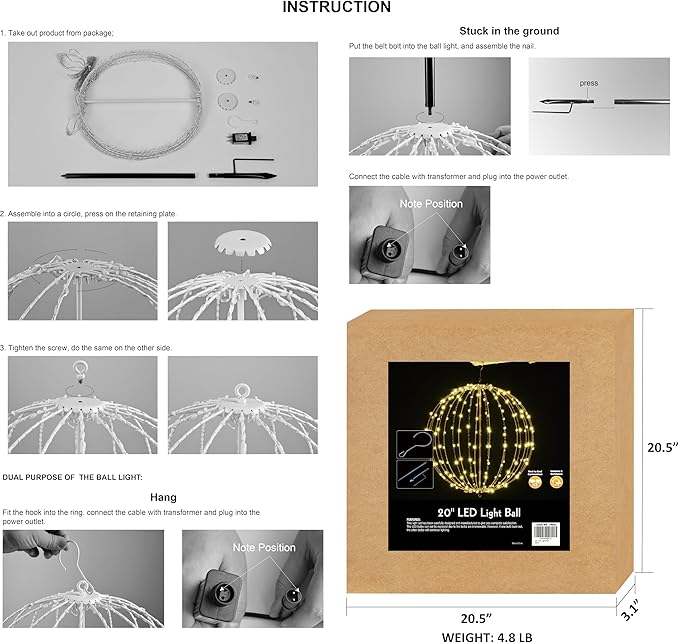 LIGHTSHARE 20IN 200LED Light Ball Yard Decoration Pathway Lights Sphere Light Fold Flat Metal Frame