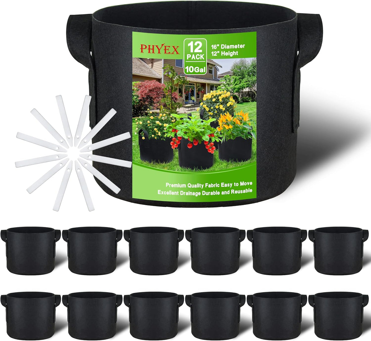 PHYEX 12-Pack 10 Gallon Grow Bags, Heavy Duty Fabric Pots with Handles, Reusable Plant Bags for