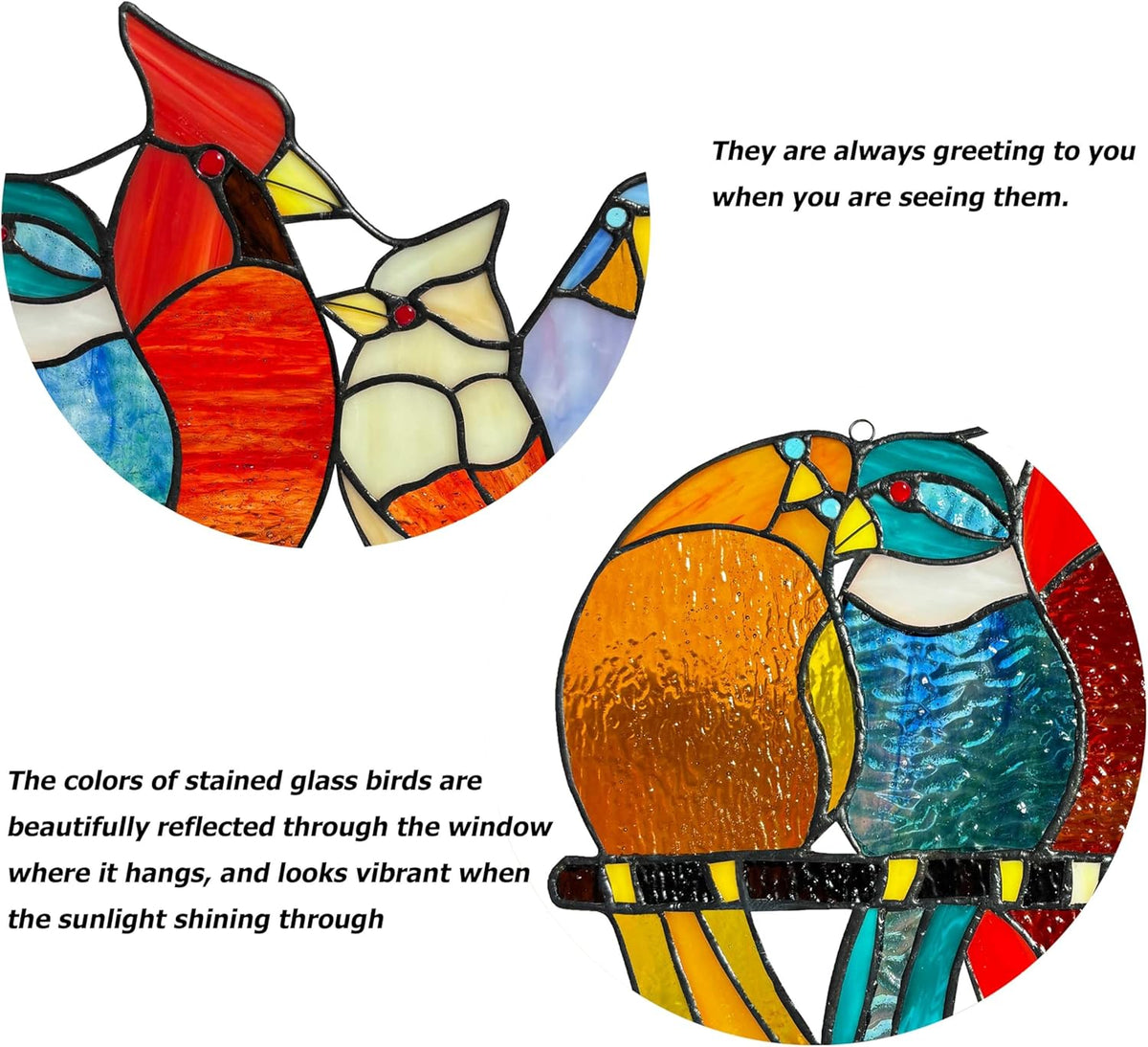 Stained Glass Birds Window Hangings, 9 Multicolor Stained Glass Birds on Branch Suncatcher