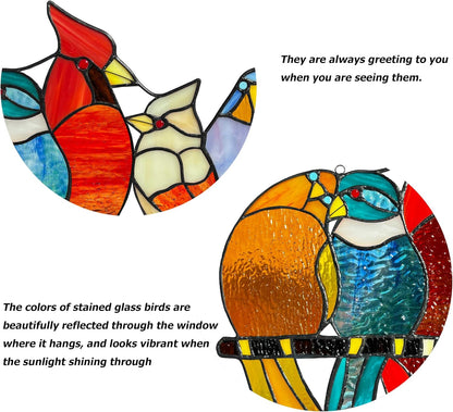 Stained Glass Birds Window Hangings, 9 Multicolor Stained Glass Birds on Branch Suncatcher