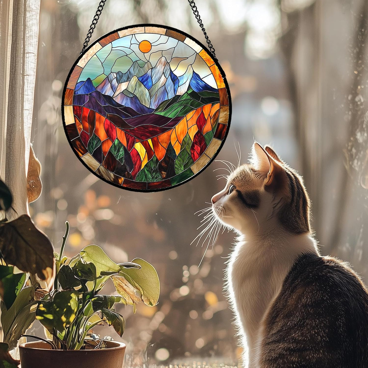 Stained Glass Window Hanging Orange Sun Colorful Mountains Landscape Large 11.8" - Suncatcher Door