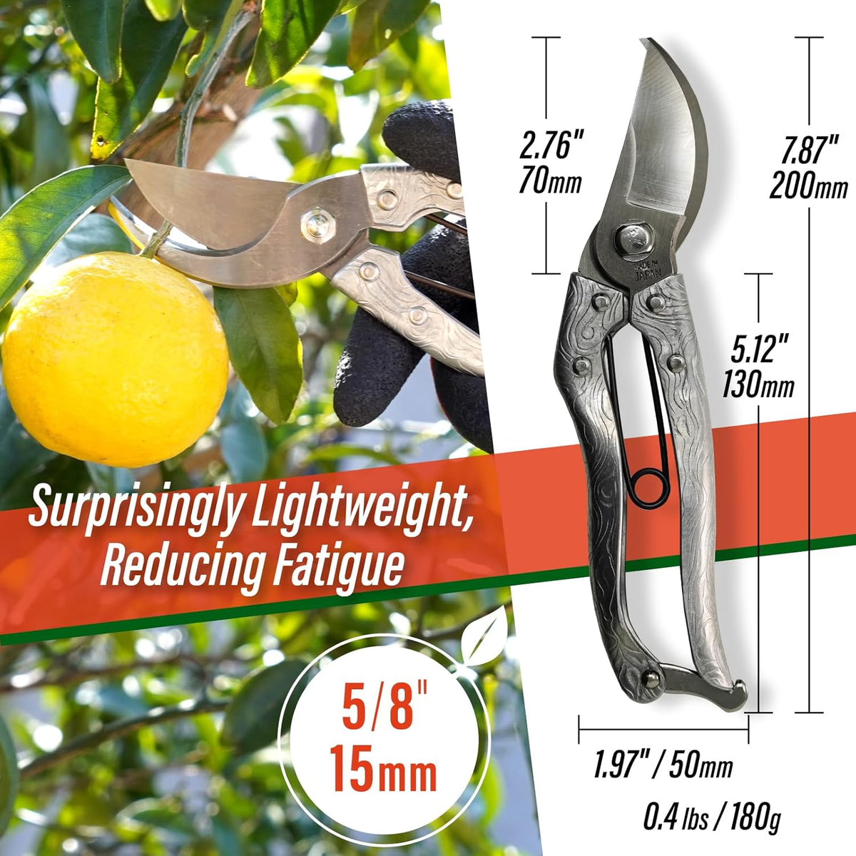 SUIZAN Bypass Pruning Shears 8” Forged Aluminum Handle - Professional Japanese Hand Pruners Garden