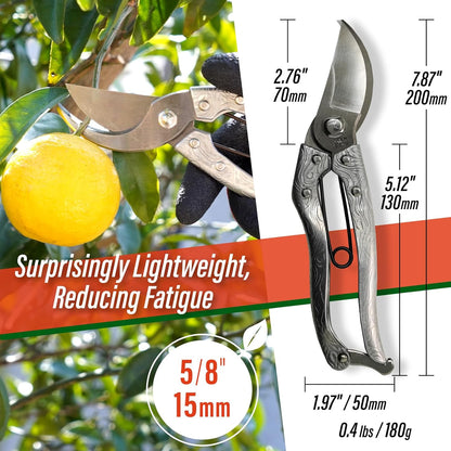 SUIZAN Bypass Pruning Shears 8” Forged Aluminum Handle - Professional Japanese Hand Pruners Garden