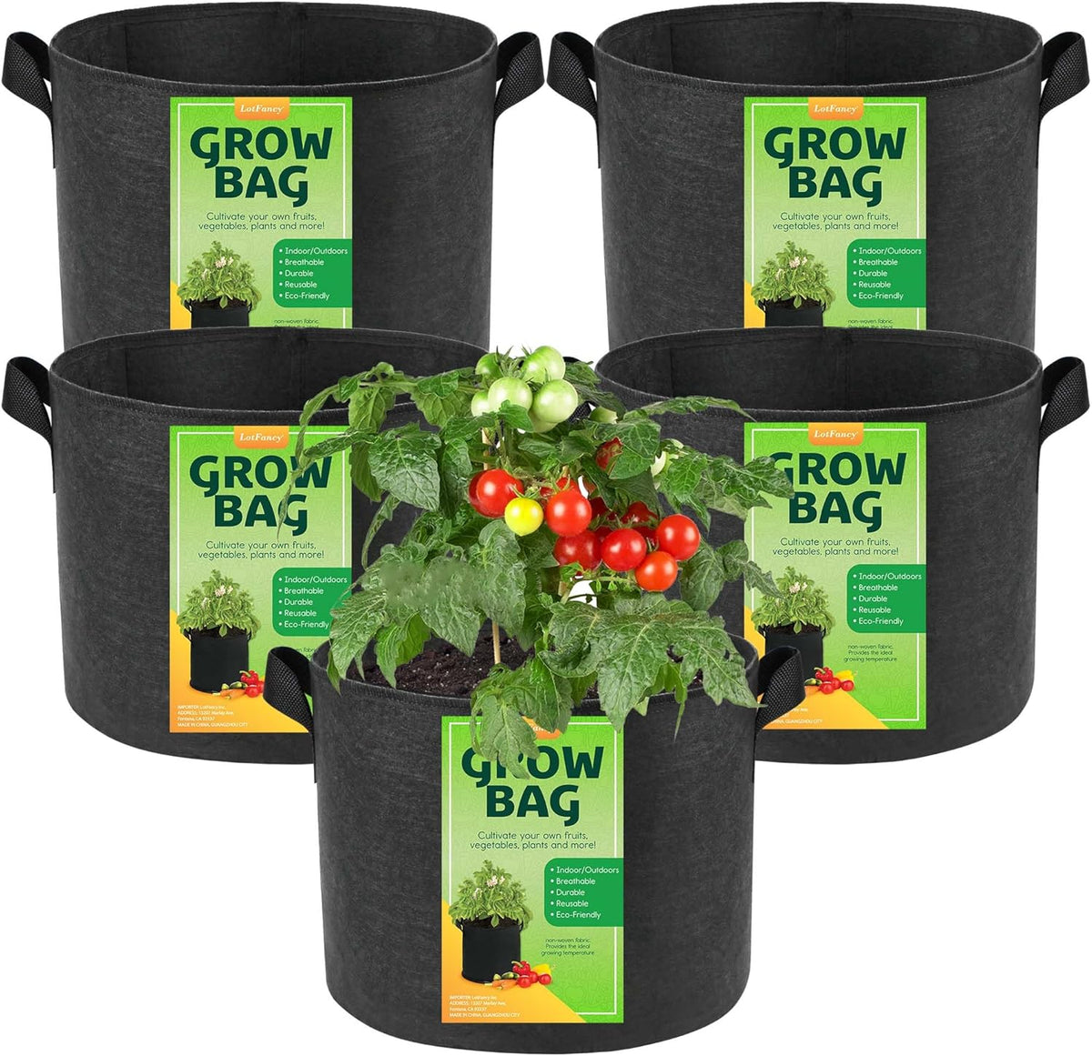 LotFancy 5 Pack 5 Gallon Grow Bags, Thickened Nonwoven Fabric Pots with Reinforced Handles, Heavy