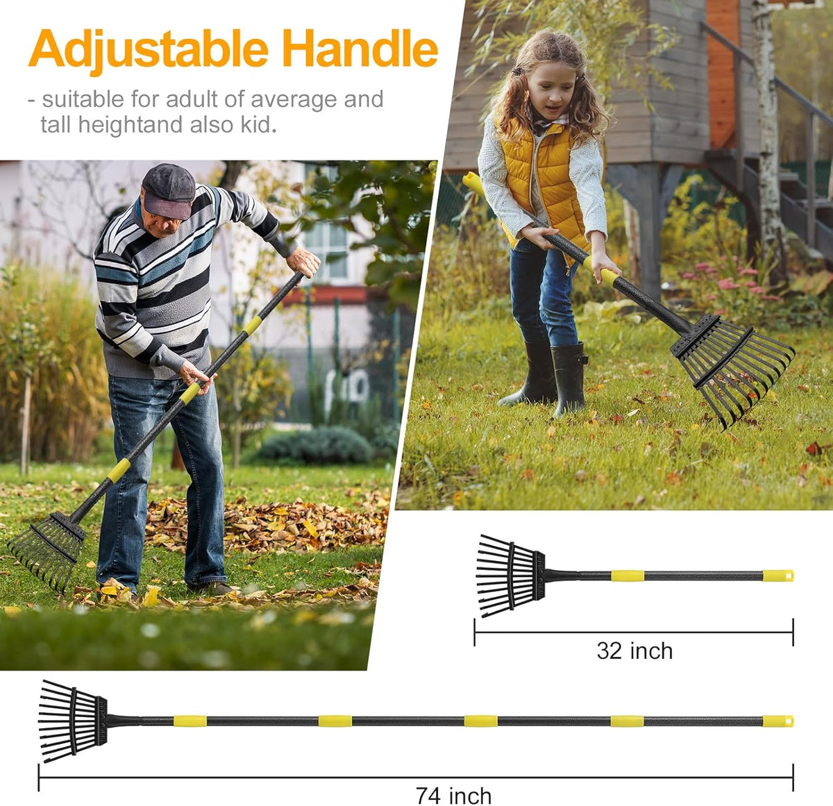 73" Leaf Rake- 11 Metal Tines 8.5" Wide- Small Leaves Rakes for Gardening- Adjustable Metal Leaf