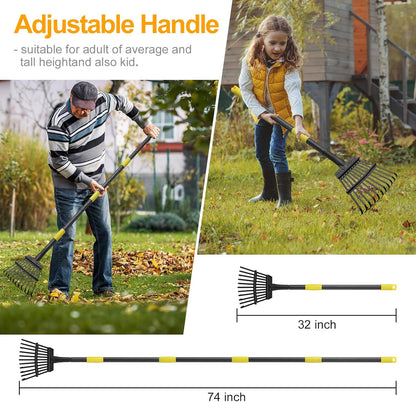 73" Leaf Rake- 11 Metal Tines 8.5" Wide- Small Leaves Rakes for Gardening- Adjustable Metal Leaf