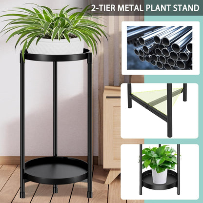 Plant Stand indoor outdoor - 2 Tier black Tall Metal Flower Pot Holder Potted Display Rack - Heavy
