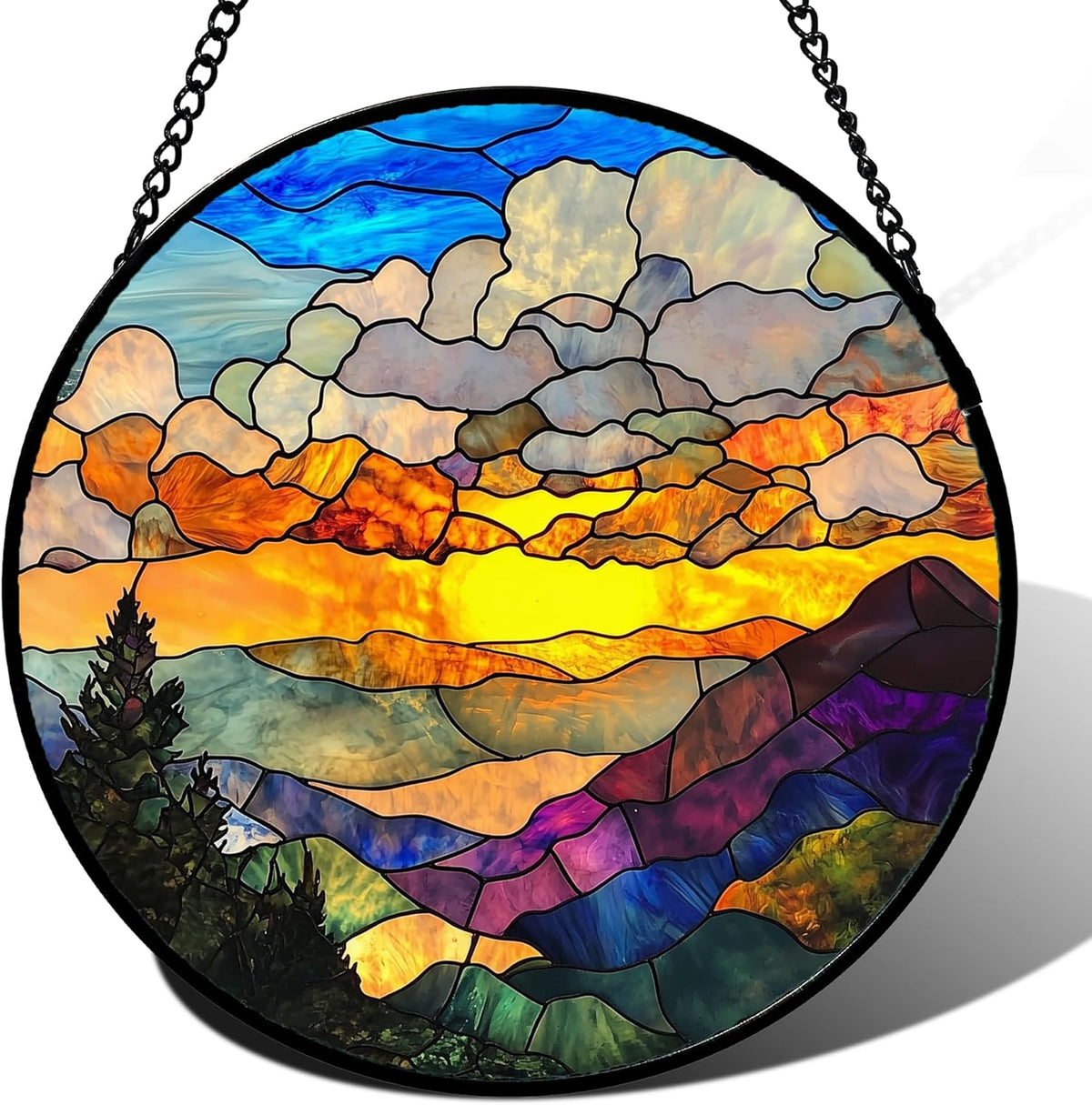 Stained Glass Window Hanging, Abstract Clouds Mountains Landscape Suncatcher for Doors Window Home