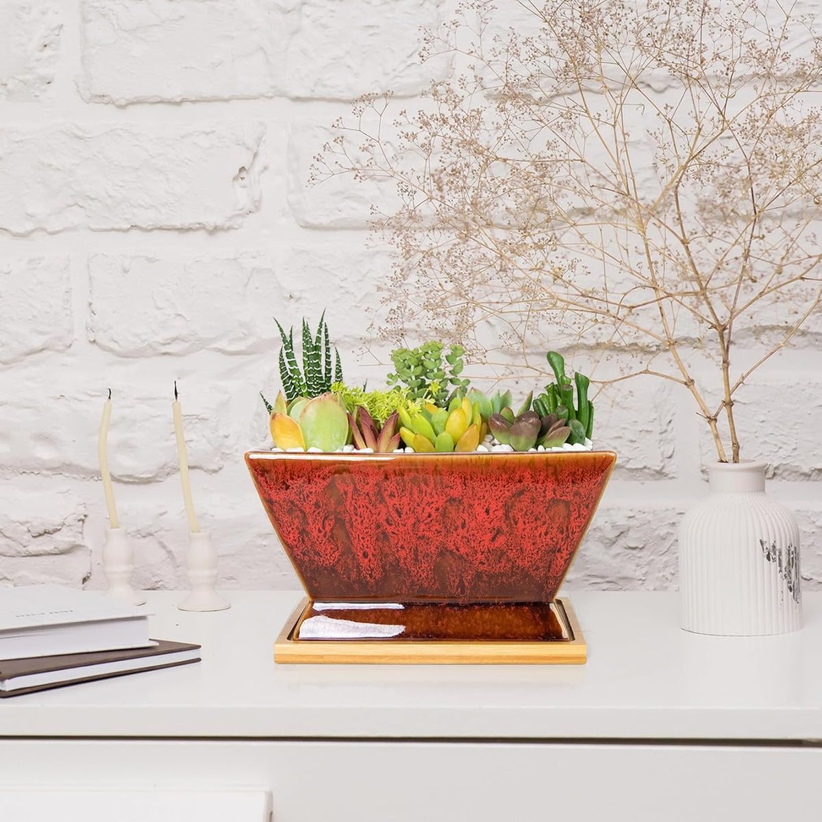ARTKETTY Succulent Pots - 7 Inch Large Plant Pot with Drainage Tray, Shallow Ceramic Pots for