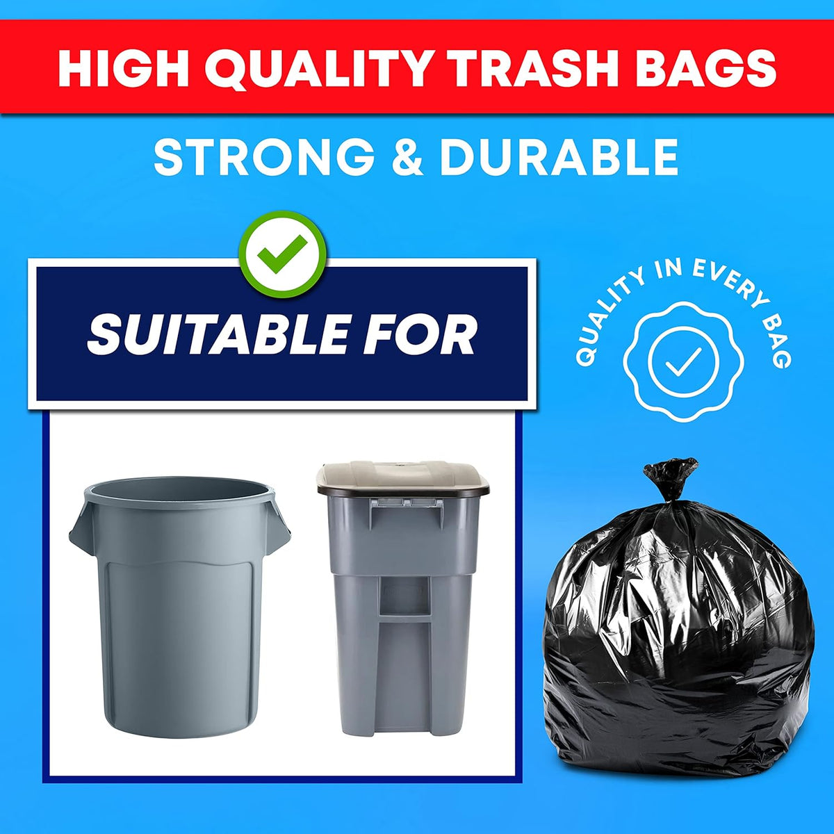 Tasker 55-60 Gallon Trash Bags Heavy Duty, (Value Pack 100 Bags w/Ties) Large Black Outdoor Trash