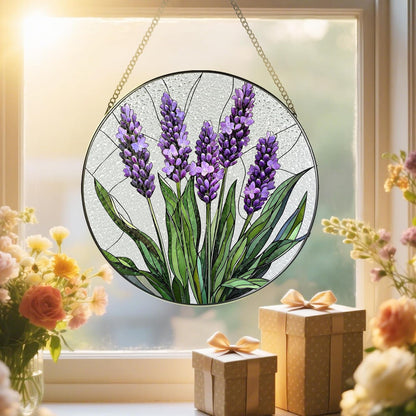 Stained Glass Window Hanging, 8 Inch Lavender Stained Glass Suncatcher, Flower Sun Catcher, Window