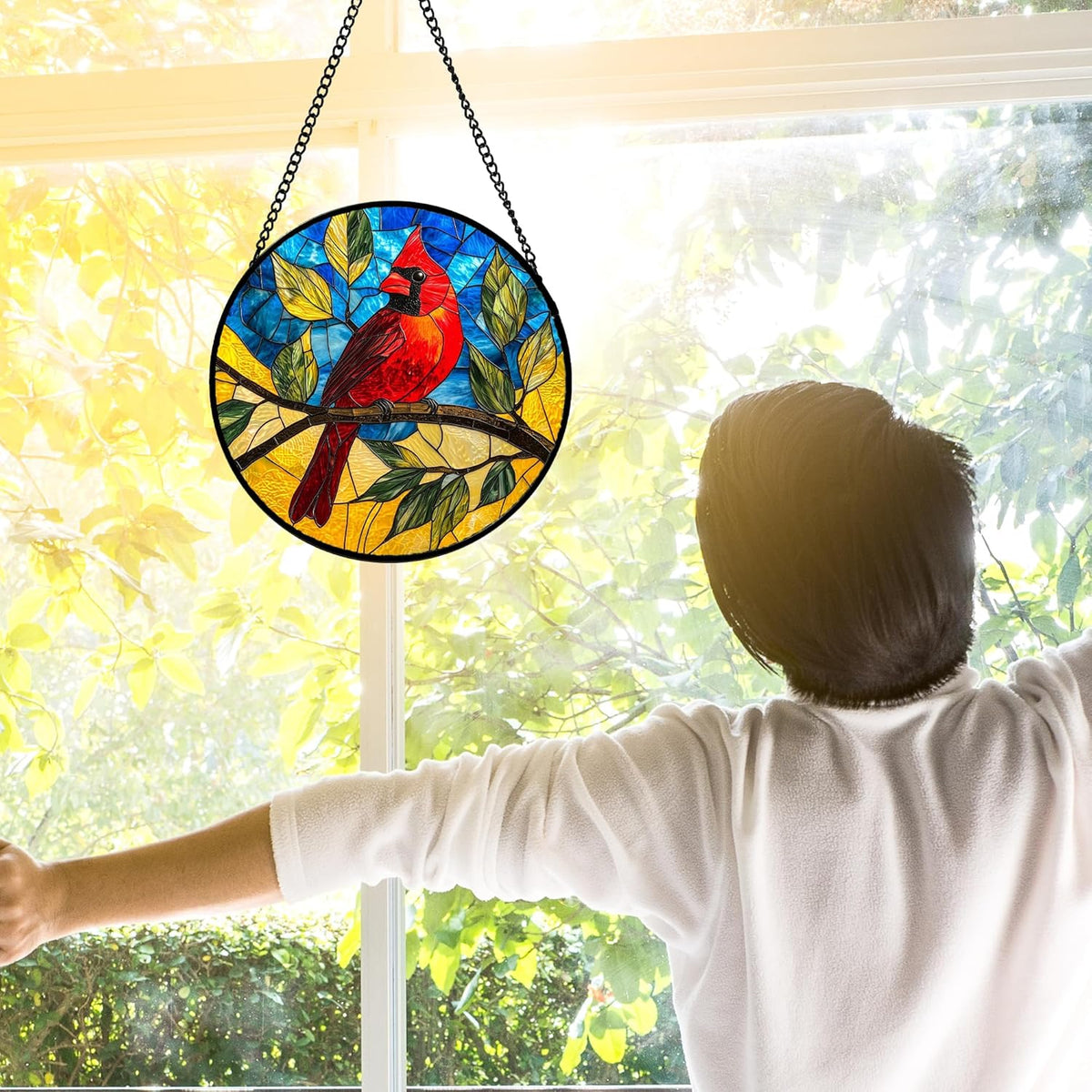 Stained Glass Window Hanging, Blue Sky Cardinal Sun Catchers Colorful Glass Panel Red Birds