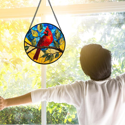 Stained Glass Window Hanging, Blue Sky Cardinal Sun Catchers Colorful Glass Panel Red Birds