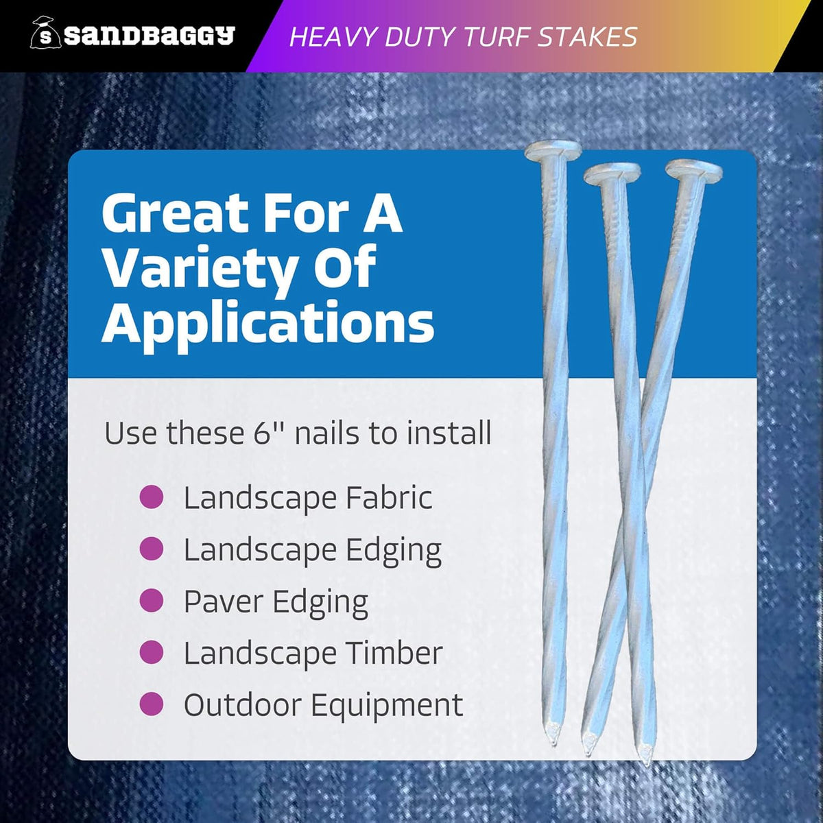 Sandbaggy 6" Heavy Duty Galvanized Artificial Turf Stakes - Spiral Landscape Nails - Ground