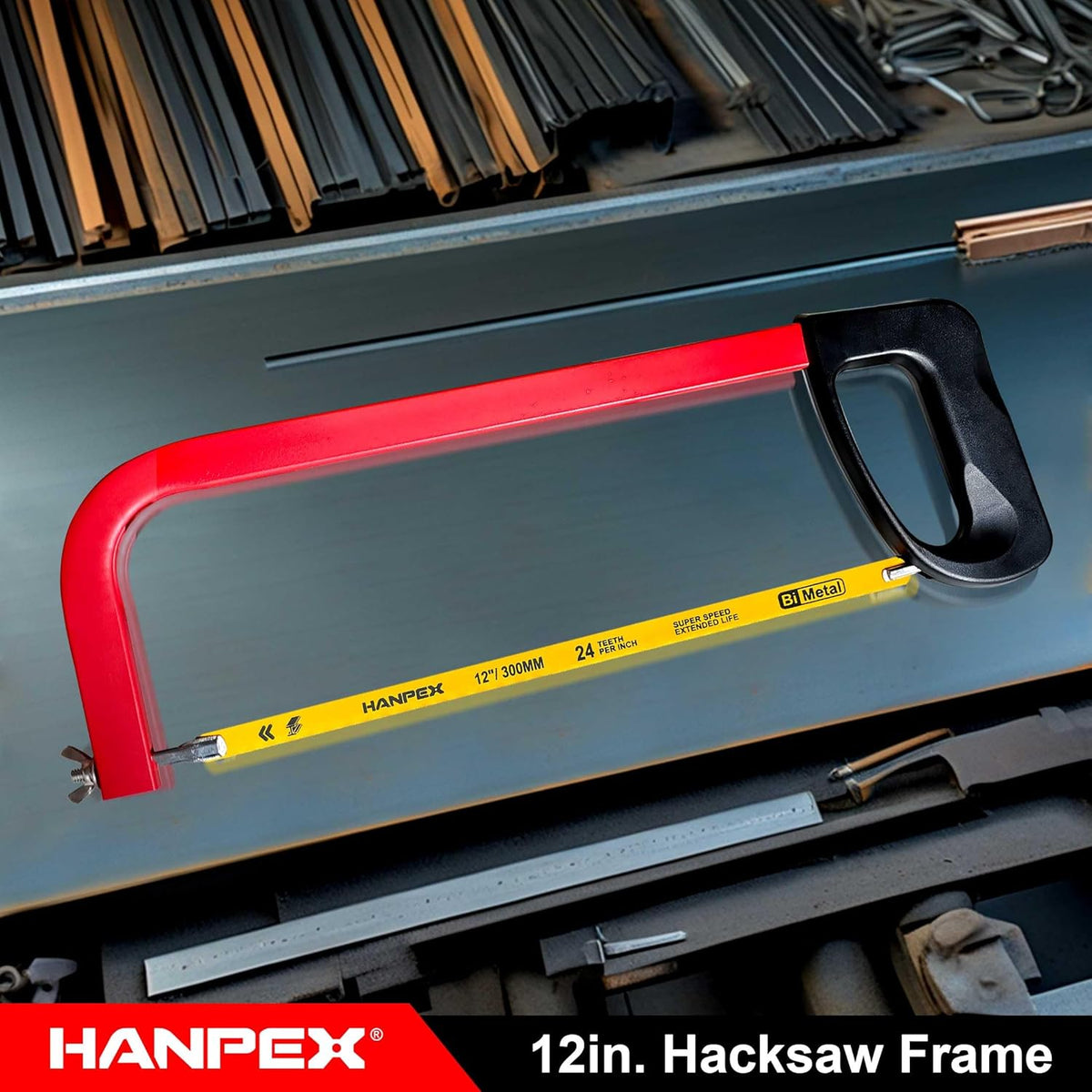 12in. High-Tension Hacksaw Frame with 24 TPI Bi-metal Blade, Hand Saw Suitable for Metal, wood