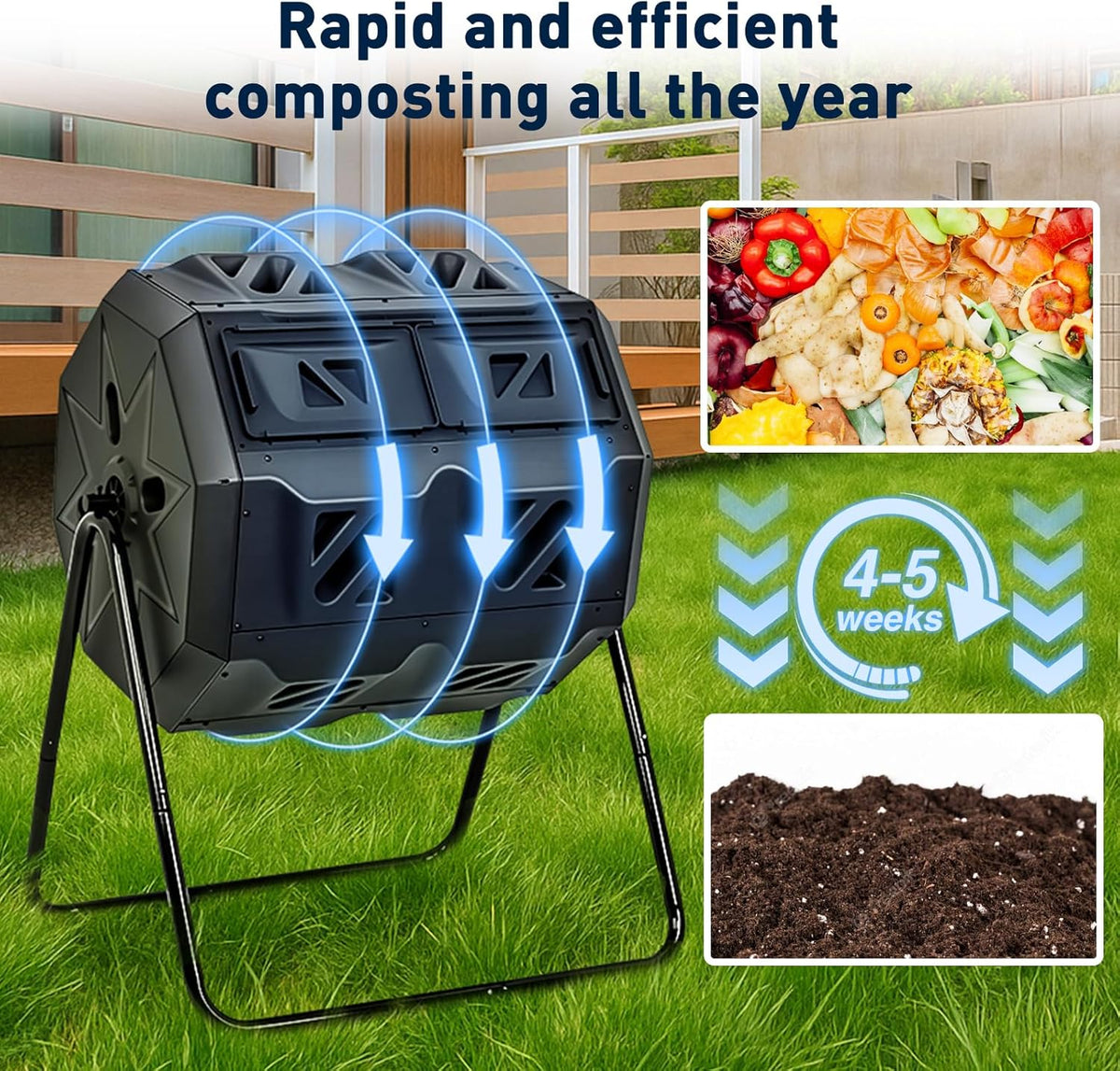 Yesker Dual Chamber Compost Bin Outdoor, 43 Gallon Rotating Tumbling Composter with Sliding Doors