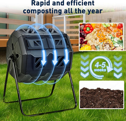 Yesker Dual Chamber Compost Bin Outdoor, 43 Gallon Rotating Tumbling Composter with Sliding Doors