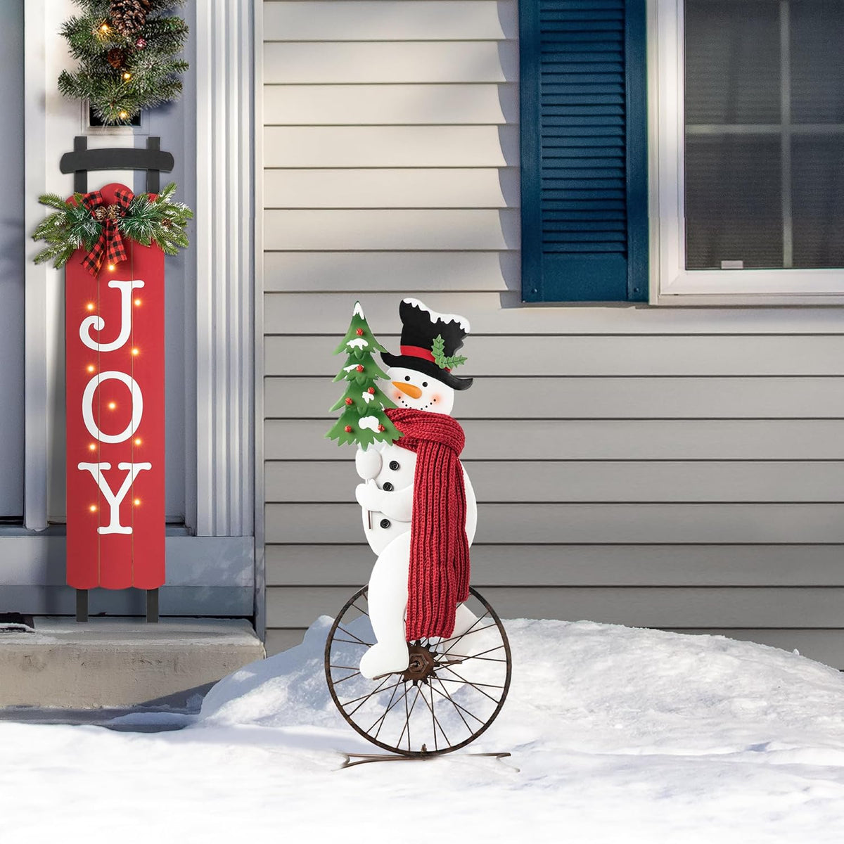 Glitzhome 32”H Metal Snowman Porch Décor Bike Wheel Cute Snowman with Red Scarf Hat Christmas Tree