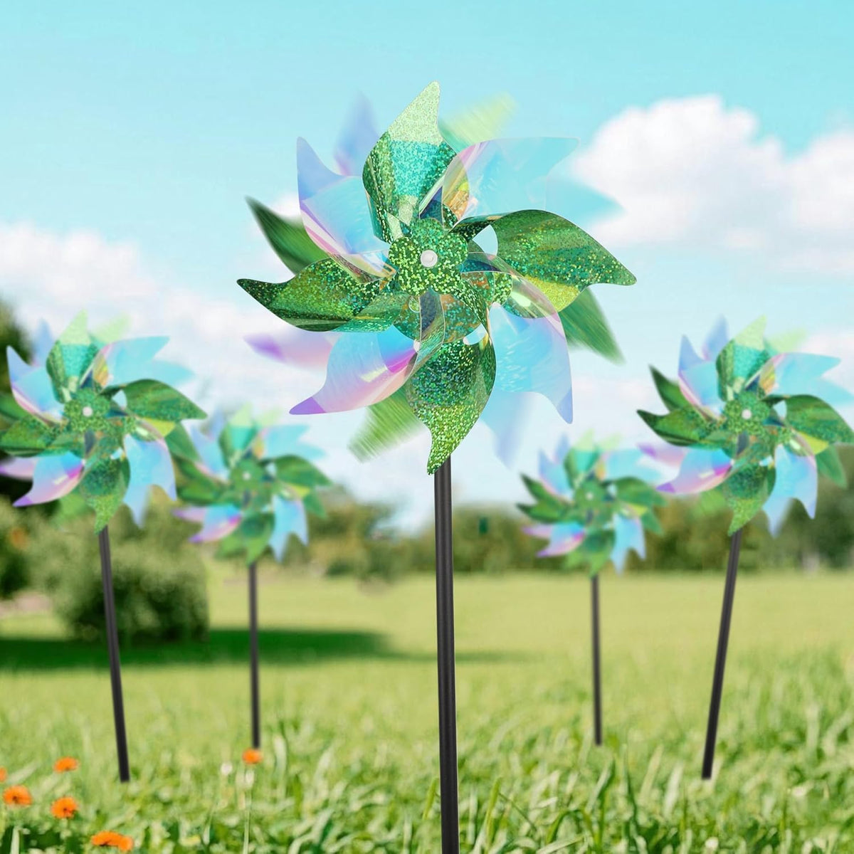 winemana 12 Pcs Reflective Pinwheels Outdoor, Wind Spinners for Yard & Garden, Sparkly Bird
