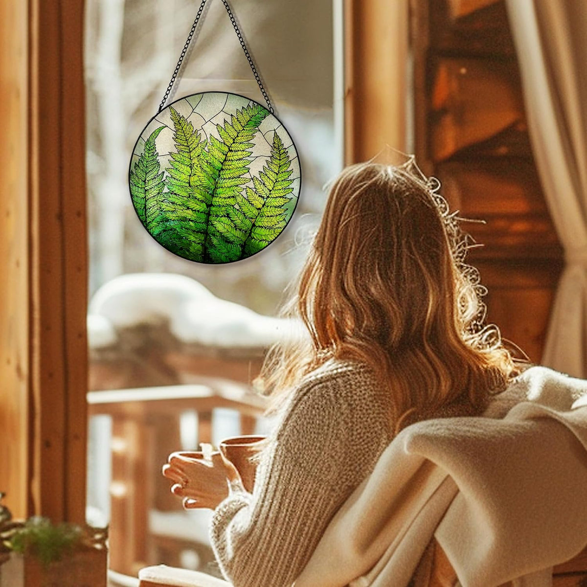Fern Plant Suncatcher Stained Glass Window Hanging, Plant Lovers Gifts Sun Catchers Indoor Window