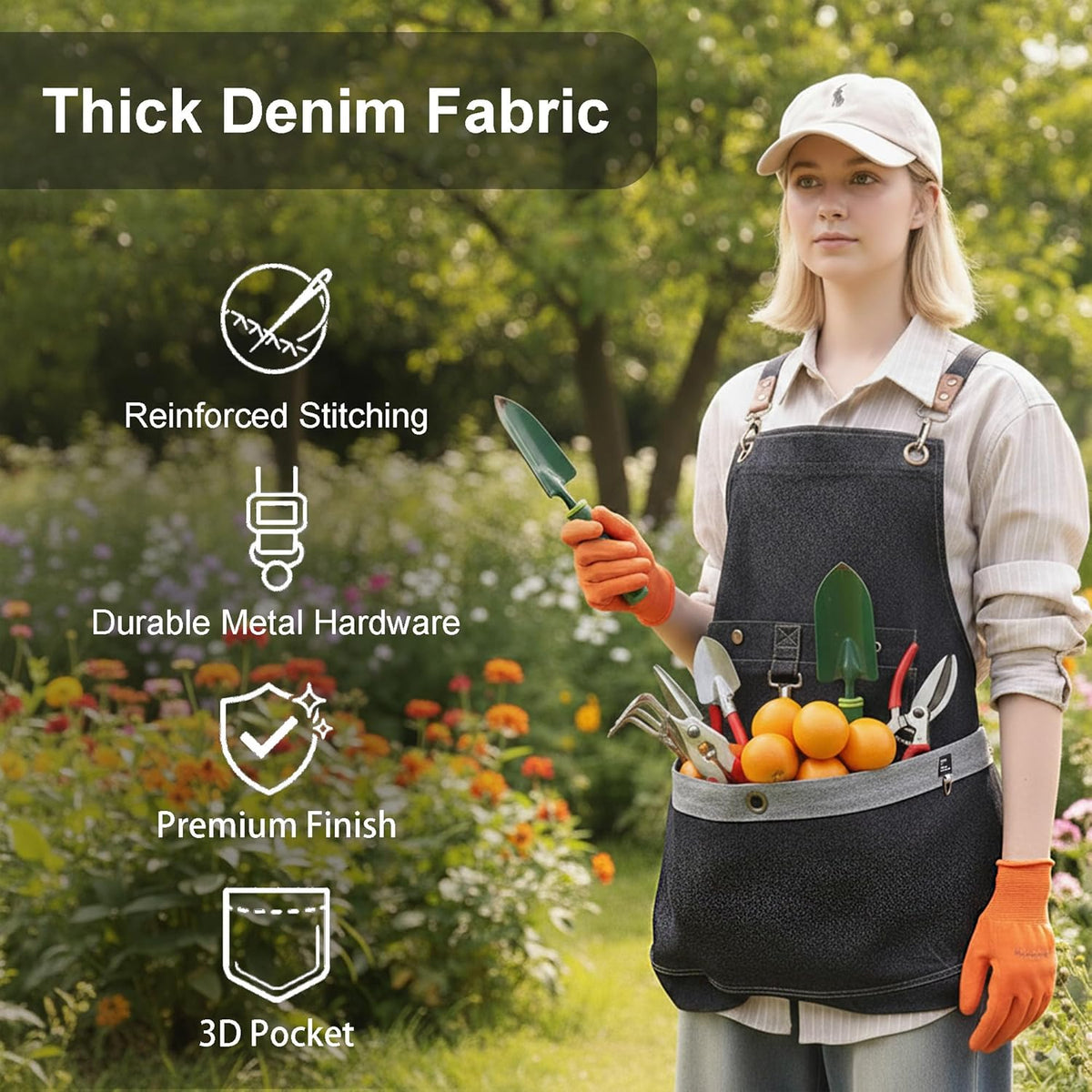 Gardening Apron – Denim Cross Back Garden & Harvest Apron with Adjustable Straps and Large Pockets