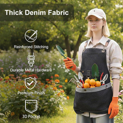 Gardening Apron – Denim Cross Back Garden & Harvest Apron with Adjustable Straps and Large Pockets