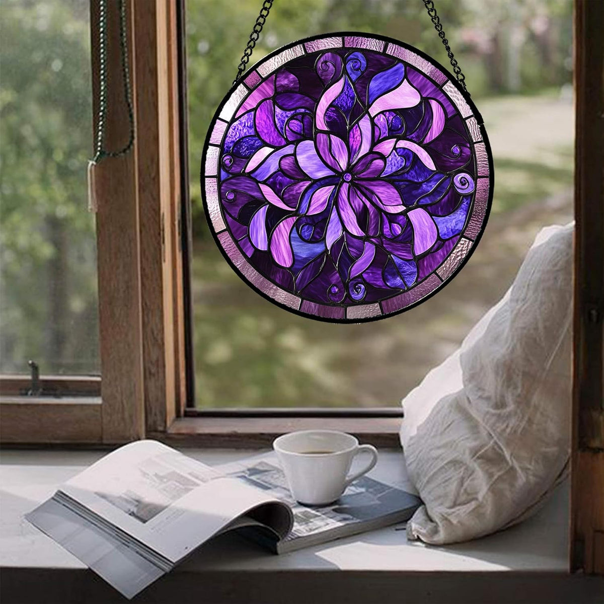 Stained Glass Window Hanging - Purple Abstract Flower Suncatcher for Door Garden Patio Sun Catchers