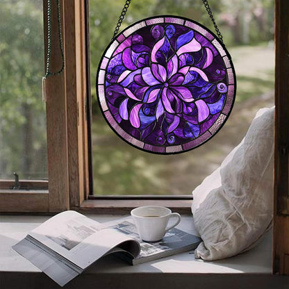 Stained Glass Window Hanging - Purple Abstract Flower Suncatcher for Door Garden Patio Sun Catchers