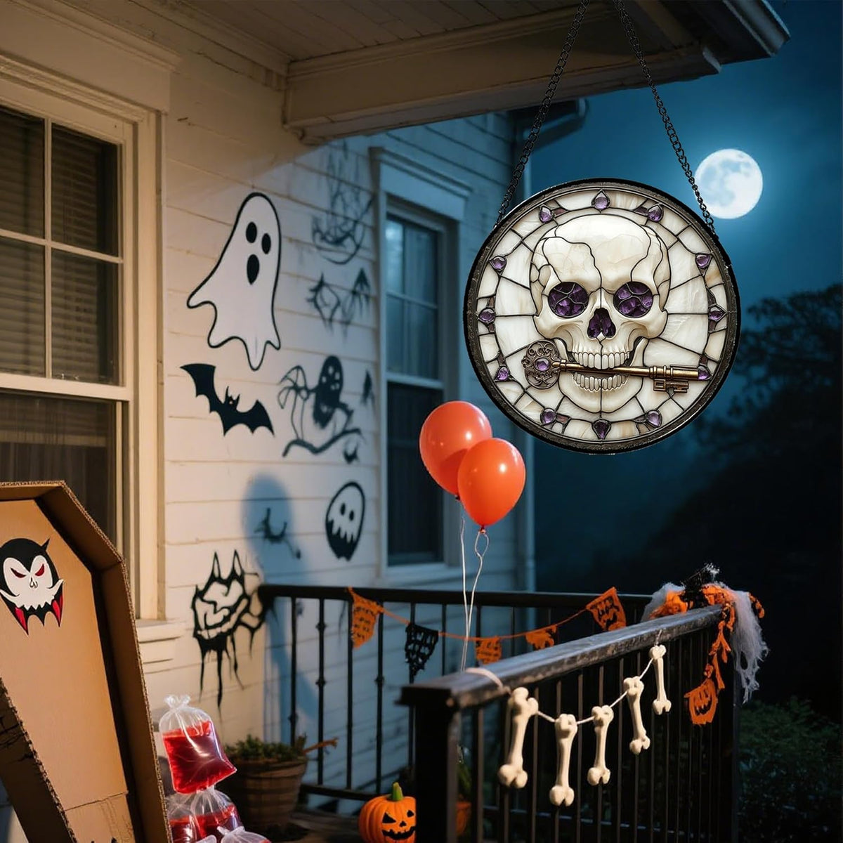 Stained Glass Window Hanging - Halloween Scary Skull Suncatcher for Doors Garden Home Spooky Purple