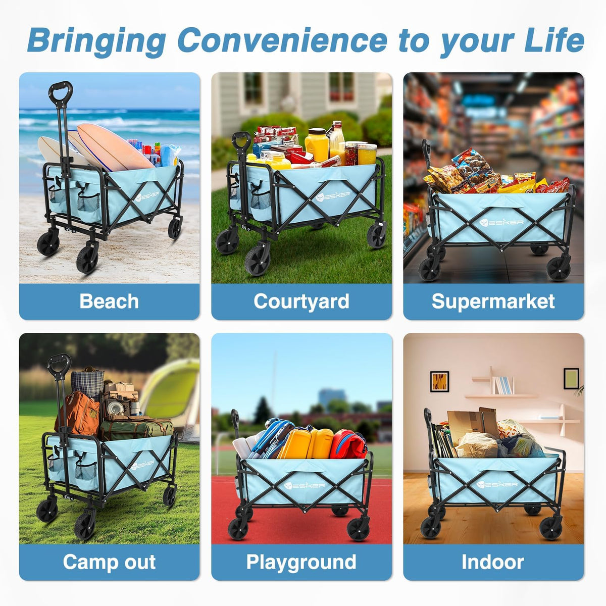 Yesker Foldable Wagon - 220lbs Collapsible Garden Carts with All Terrain Wheels for Outdoor Camping