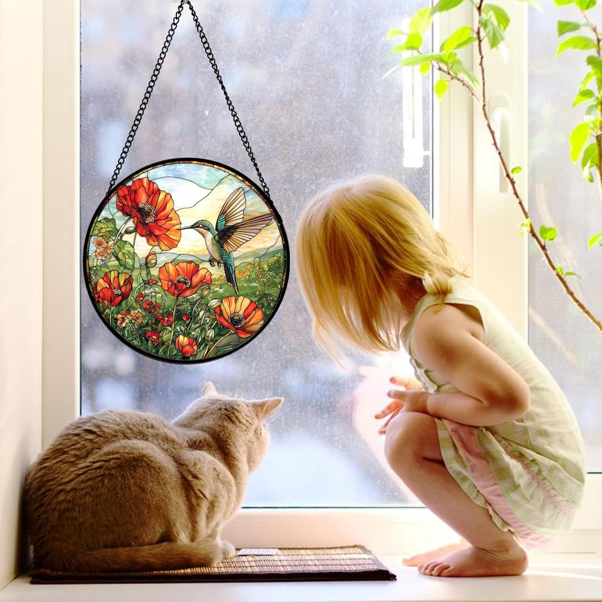 Stained Glass Window Hanging, Hummingbirds Orange Flowers Suncatcher Diamond Glass Panel Hangings