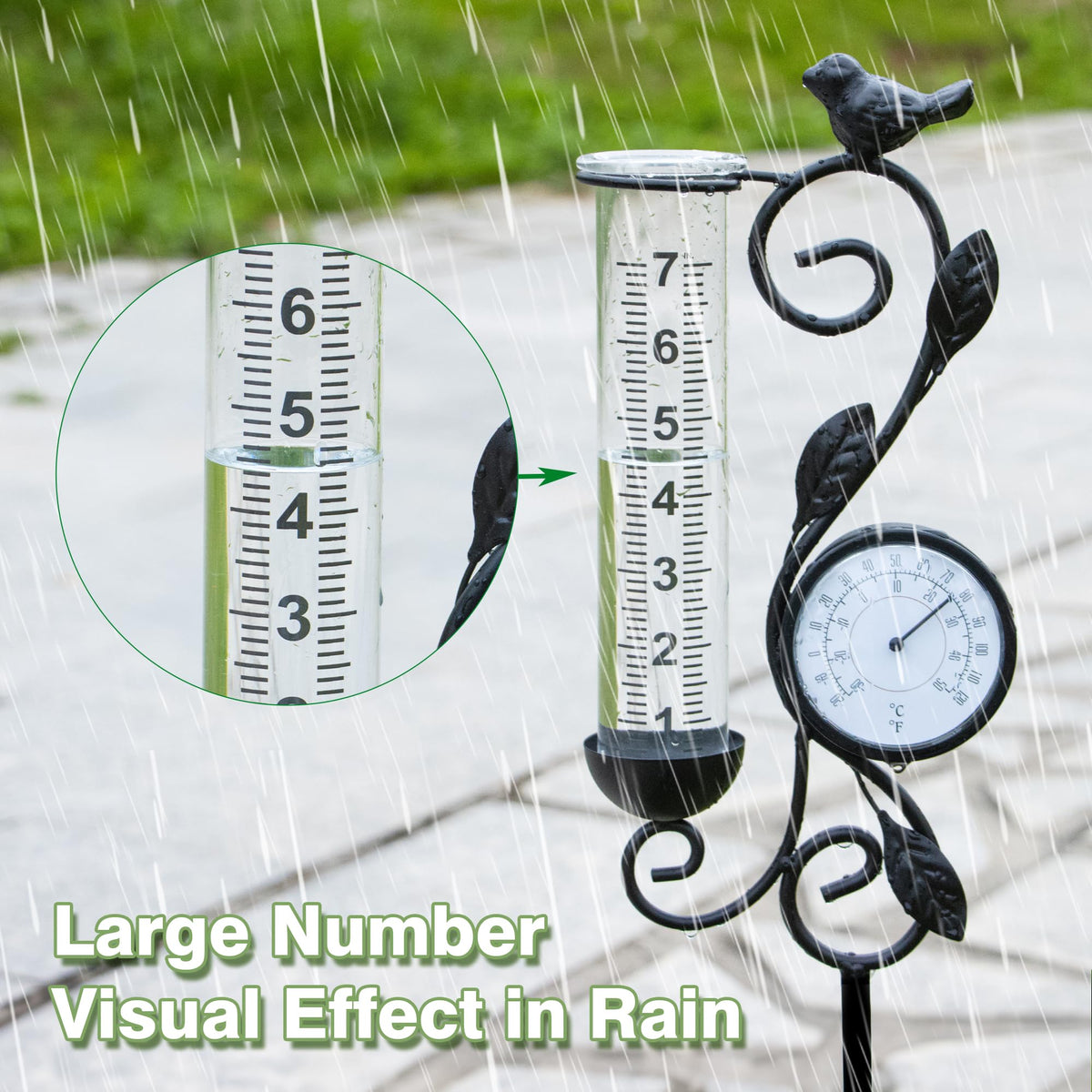 32" Garden Rain Gauge with Thermometer - 7" Glass Tube for Outdoor Indoor Use, Patio Yard Decor